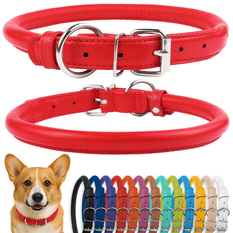 CollarDirect Rolled Leather Dog Collar, Soft Padded Round Puppy Collar, Handmade Genuine Leather Collar Dog Small Large Cat Collars 13 Colors (13-16 Inch, Red Textured) - Image 1